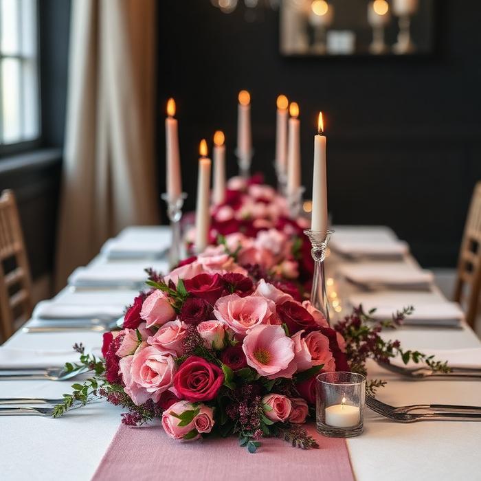 Mesa de casamento com arranjos de flores rosas e velas