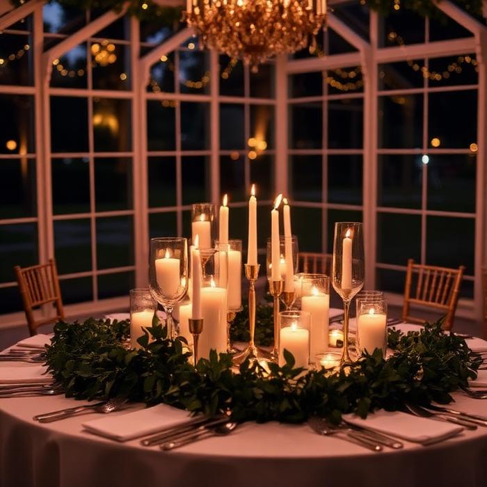 Mesa de jantar iluminada por velas em evento noturno